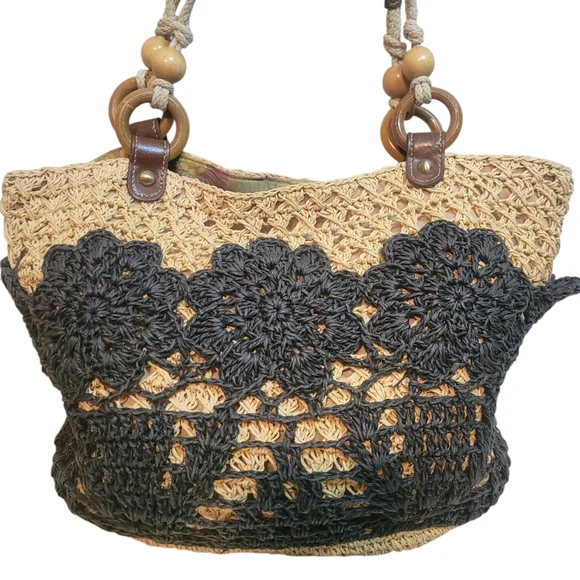 Fossil Straw Crochet Tote Bag Boho Black Floral Leather Handle Summer Purse - Picture 4 of 10